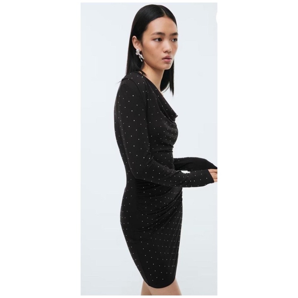 H&M Black Velvet Studded Cowl Neck Open Back Mini Dress Long Sleeve Large NWT